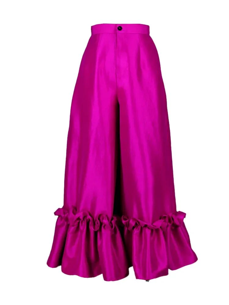 Fuchsia High Waist Pants Shiny Flare Pleated Wide Leg Trendy Long Capris Women Cocktail Party Bottoms Trim Trousers Large Size