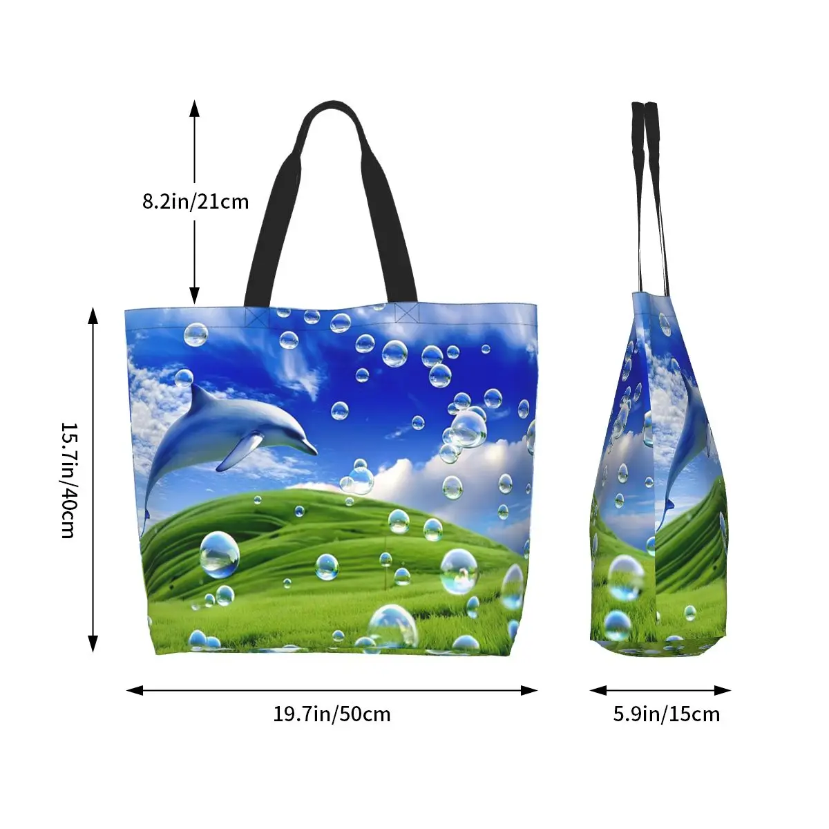 Frutiger Aero Dolphin Y2k Aesthetic Meadow With Bubbles Mountains Shopping Tote Bag Canvas Shoulder Bags Shopper Grocery Handbag