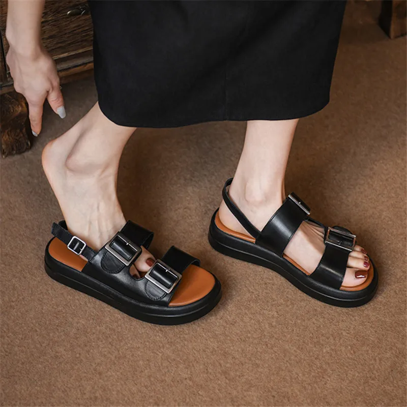 MORAZORA 2024 New Solid Flat With Heels Shoes Buckle Genuine Leather Sandals Women Summer Ladies Casual Platform Shoes