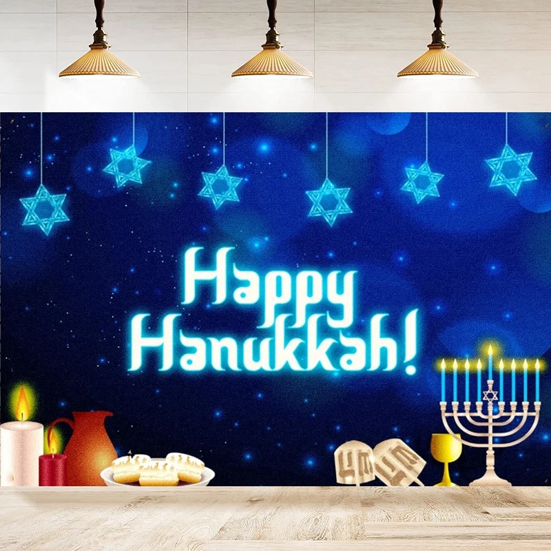 Fondo de fotografía de Happy Hanukkah, suministros para fiestas navideñas de Chanukah, candelabro de decoración del hogar para Festival judío con fondo azul