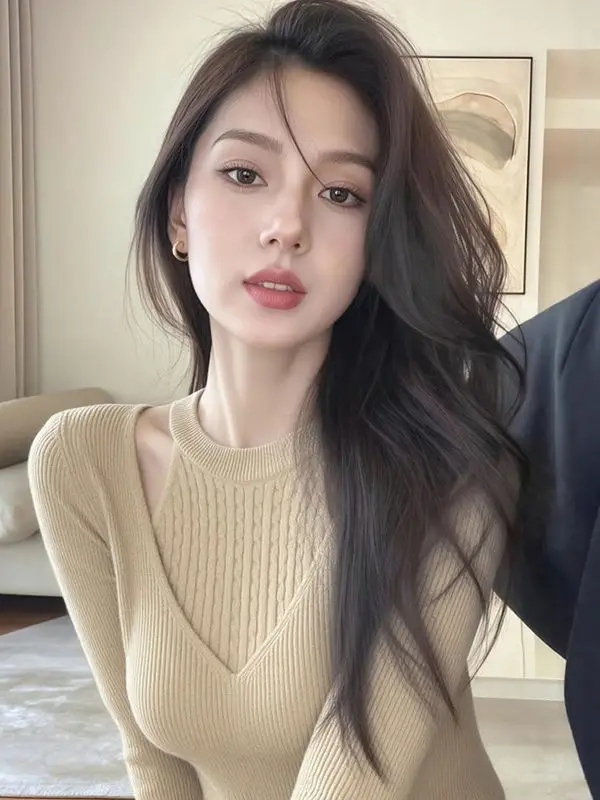 

Оливково-зеленый вязаный топ с круглым вырезом, облегающий, для женщин, базовая модель, осенне-зимний, красивый, модный свитер