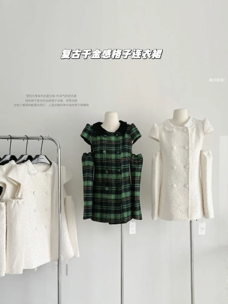 

Off-the-shoulder Vintage Plaid Cute Mini Dress Autumn And Winter Warm Fashion Dresses Ladies Fashion Party Dresses