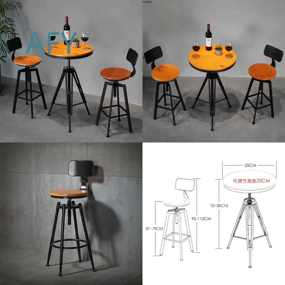 Adjustable Swivel Bar Stool for Wrought Iron Solid Wood High Stool Retractable Height Industrial Style Leisure Dining Chair