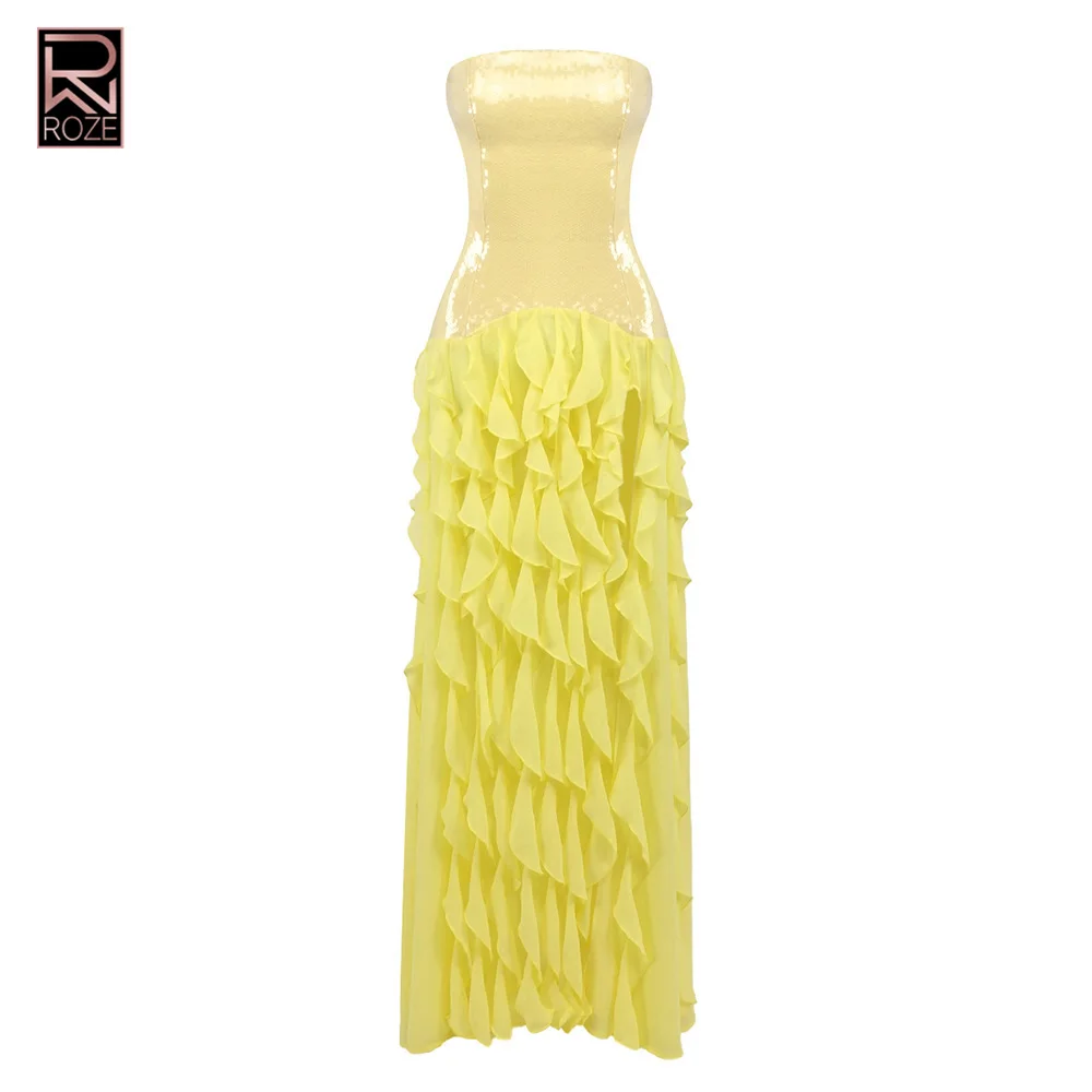 

Сексуальное вечернее макси-платье с высоким разрезом и полной длиной, эффектное желтое платье-бюстье с пайетками и многоярусным дизайном