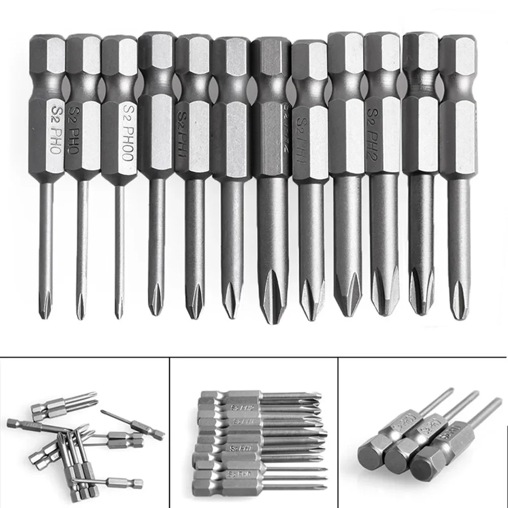 Long Lasting 12pcs Set Of Magnetic PH Cross Screwdriver Bits 1/4 Inch Hex Shank 50mm Length Made Of Alloy Steel