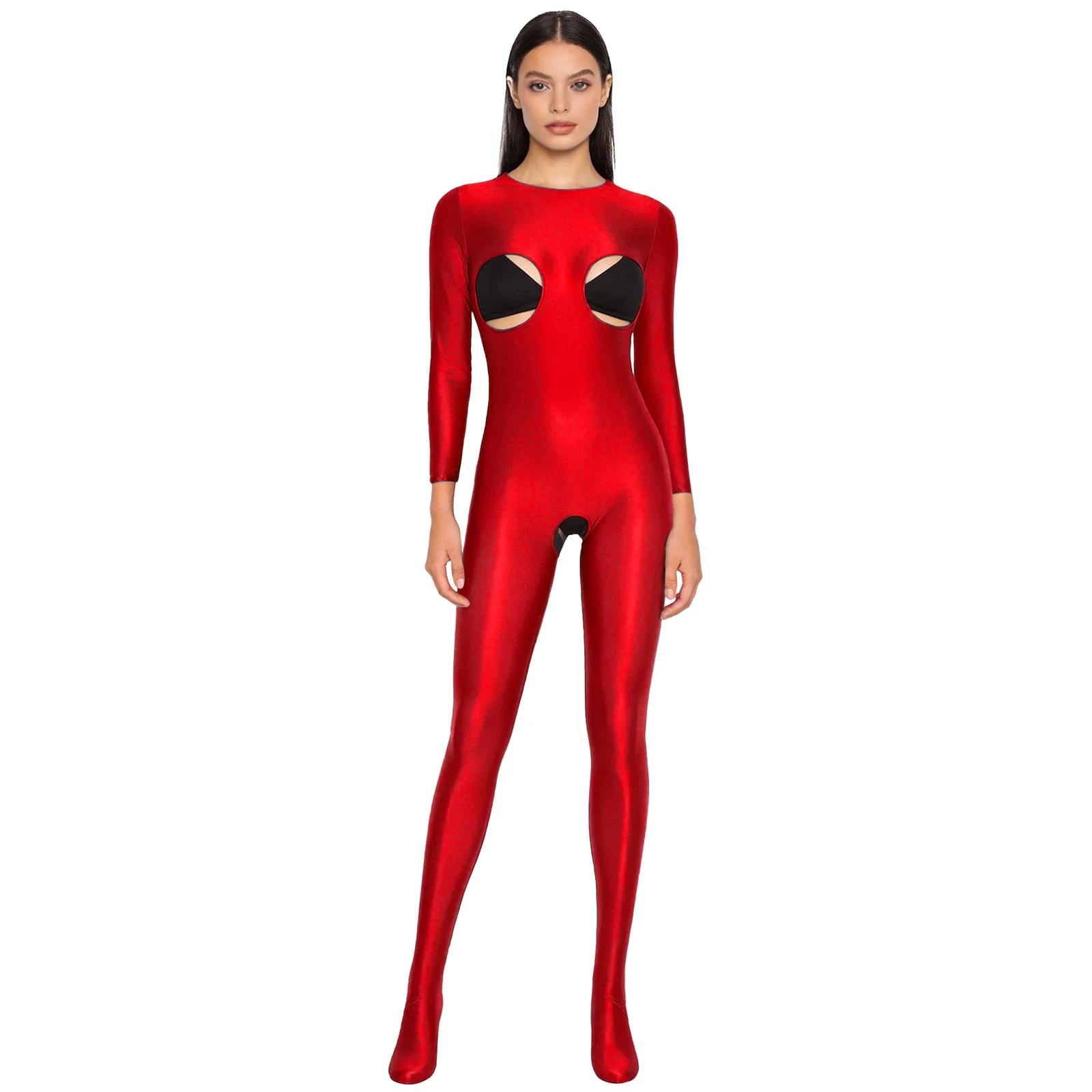 

Women's Glossy Stretchy Unitards Lingerie Cutout Cup Open Crotch Long Sleeve Footed Jumpsuit Tights Pole Dance Rave Clubwear
