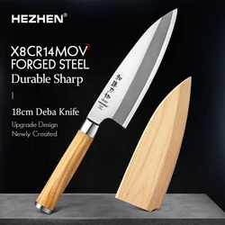 HEZHEN Deba Knife 180mm With Wooden Sheath Olive Wood X8Cr14MoV Forged Steel Kitchen Knives Cut Fish Head Knife Sharp Tools