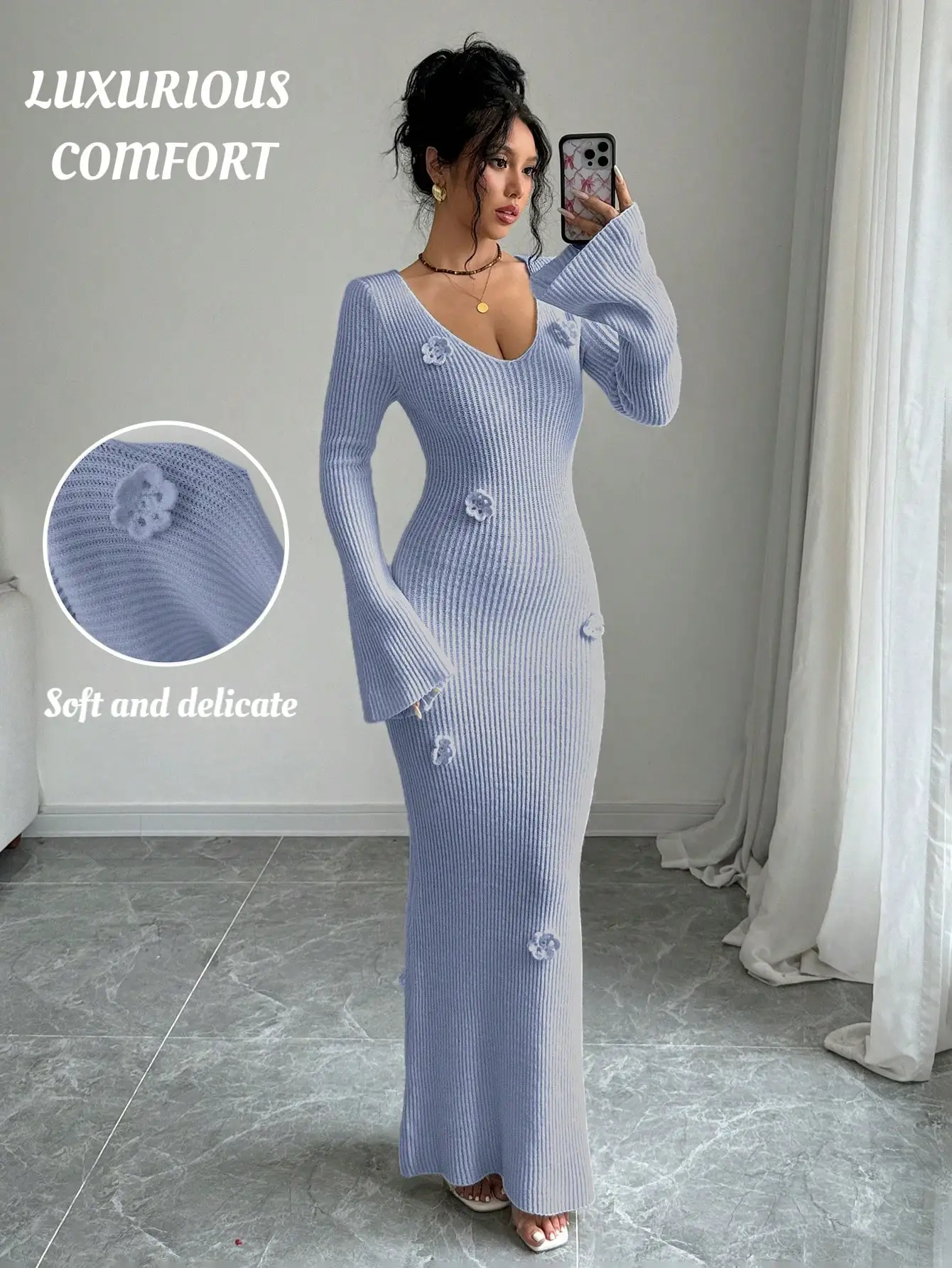 

Women's Long Sleeve Knit Dress with 3D Floral Embellishments, V Neck, Bell Sleeves, Fall Winter Fashion