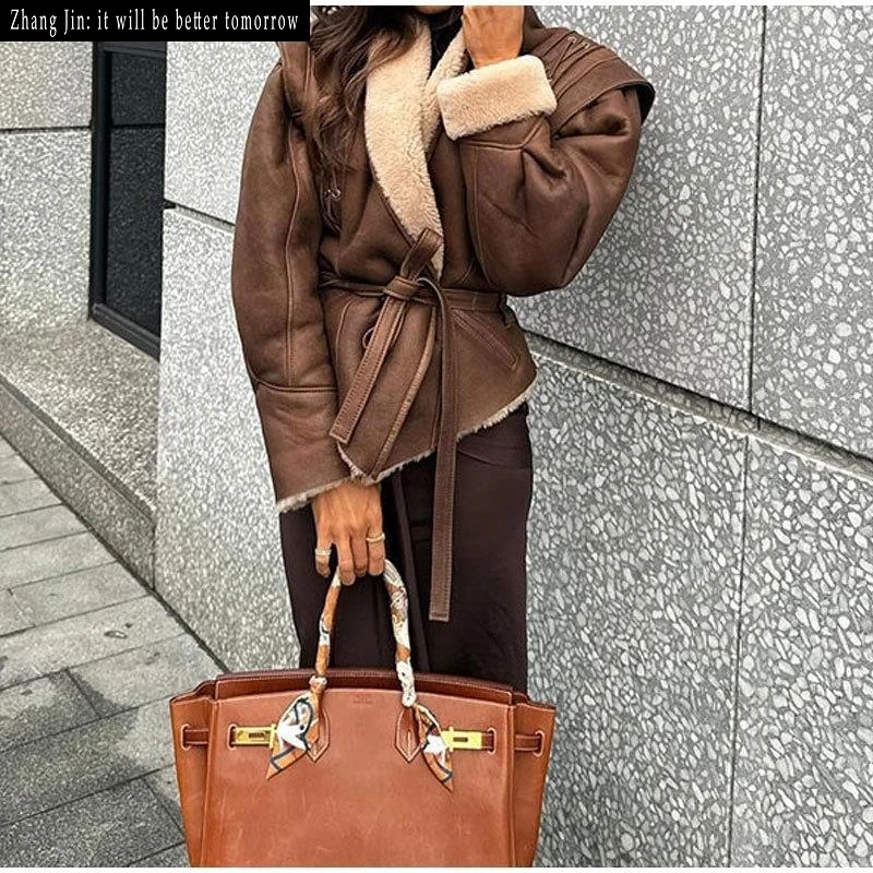 Warme ort Wildleder-Jacke für Damen mit Gürtel Street Sle Retro Faion Oberbekleidung PU-Material Farbe Blo Design Wintermantel
