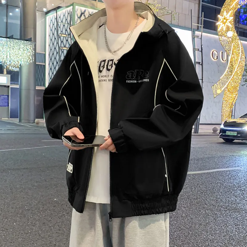 

Spring Faionable Hooded Jaet Youth Sle Men's Casual Versatile Workwear Top Polyester Fiber Long Sve Stand Fit