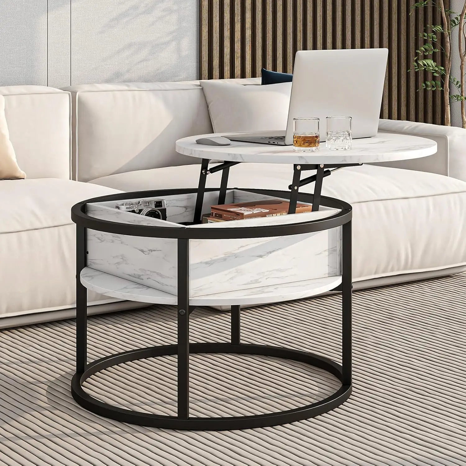 FarmhouseWhiteRoundLiftTopCoffee Table - 2-Tier Design withHidden Storage Compartment, Small Dining Center Table for Living Room