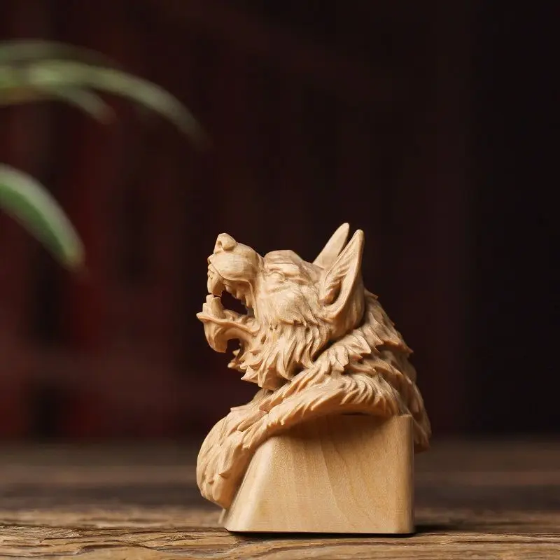 Boxwood Carving Snow Wolf Head Seal Car Ornament Living Room Office Tea Table Decoration Craft