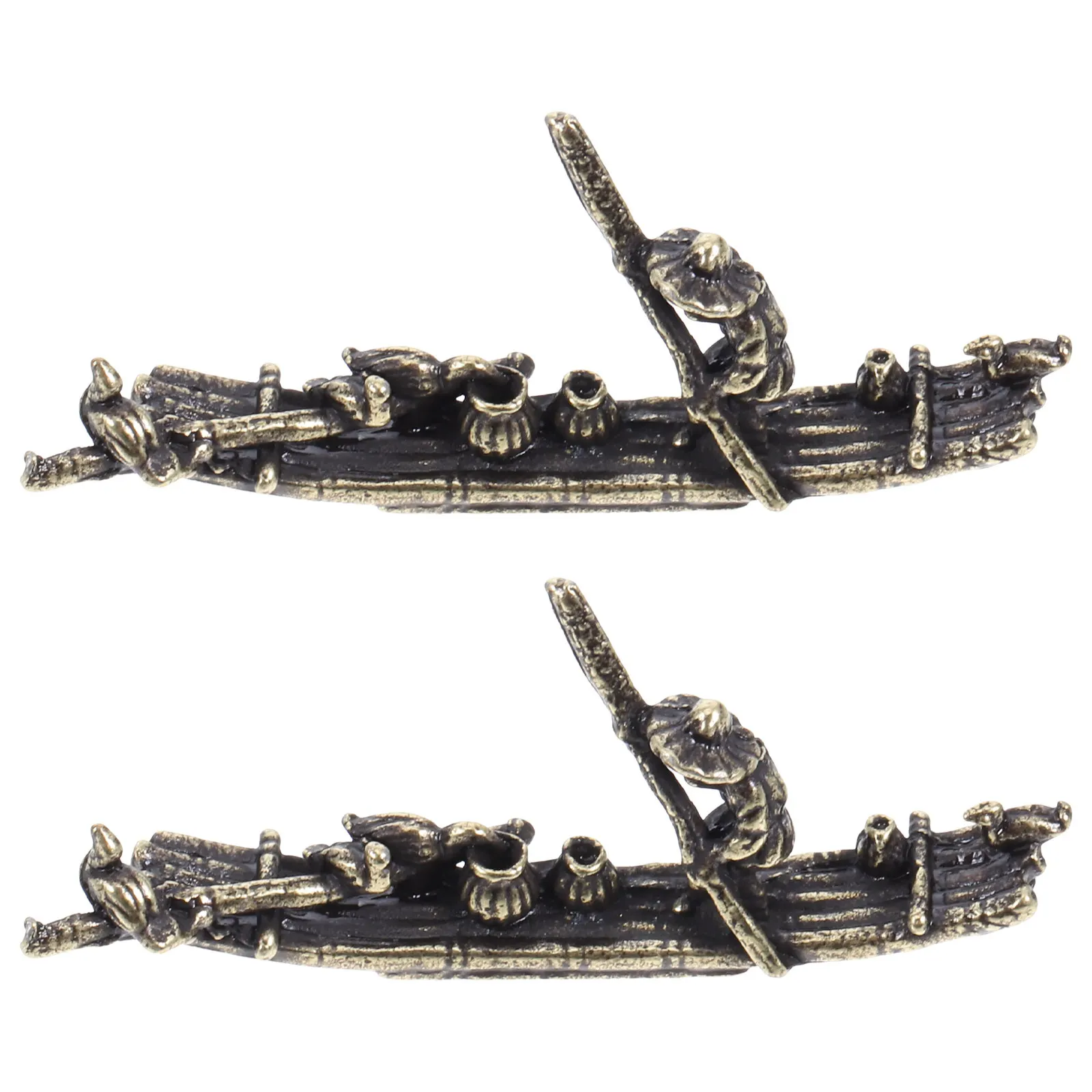 2Pcs Mini Brass Fishing Boat Statue Exquisite Finish Realistic Fisherman for Micro Landscape Desktop