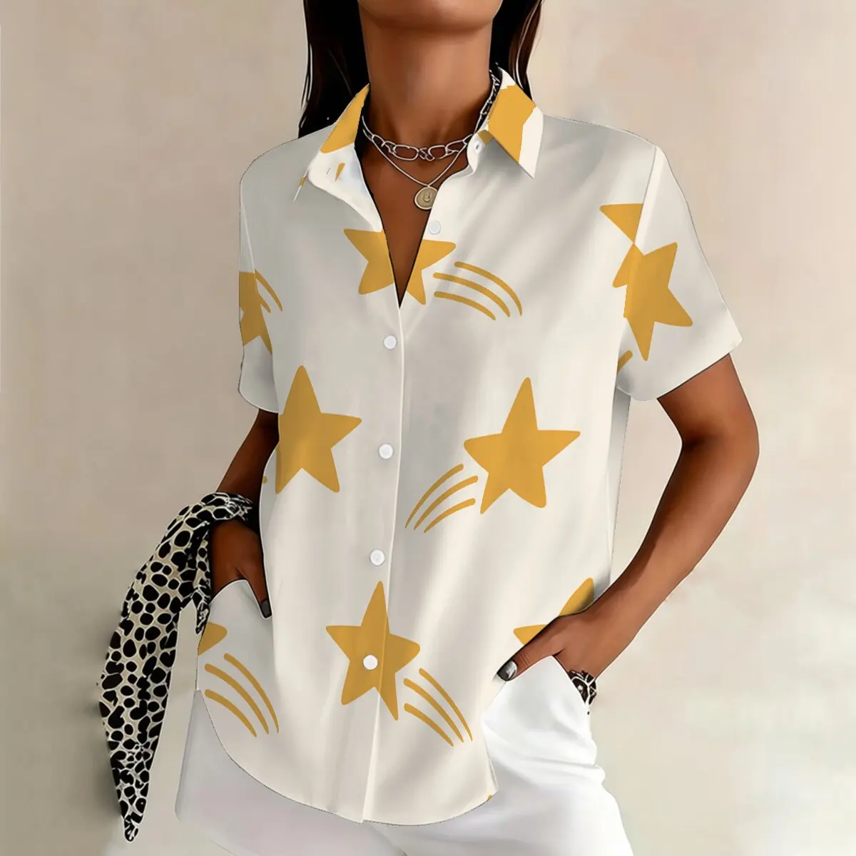 

Women's summer plus-size short-sleeve shirt, lively and age-reducing print, soft colors, suitable for gatherings with friends