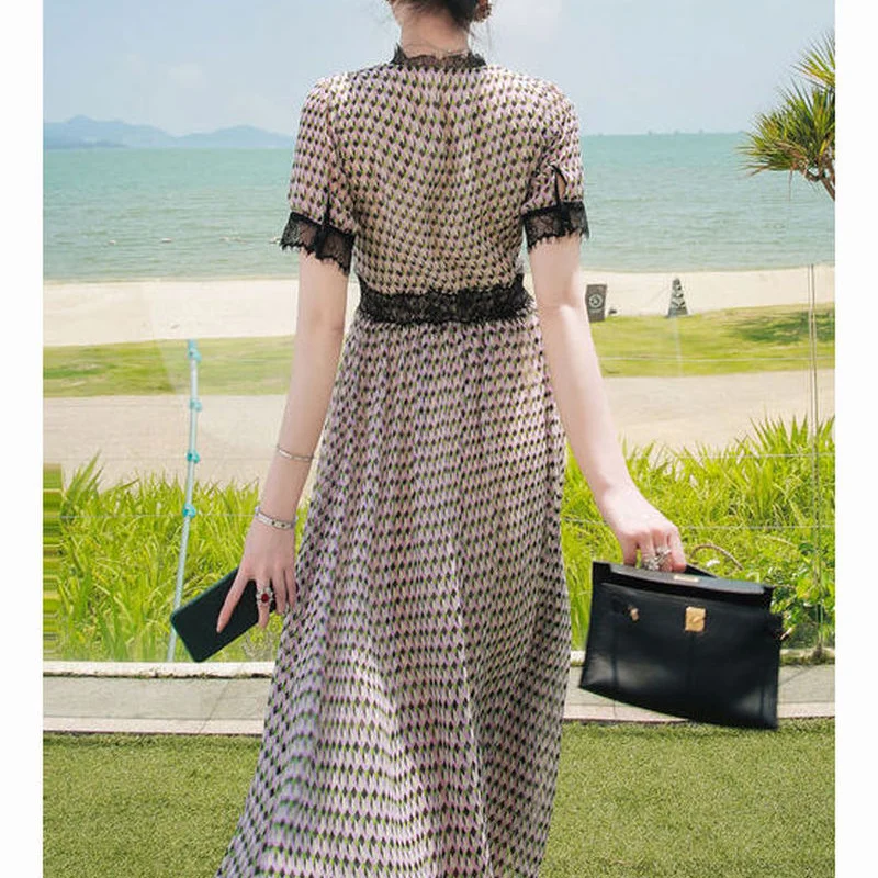 Temperament Age Reducing Slim Fit Slim Dress for Women 2023 Summer Lace Print Panel Waist Closing Mid Length A-line Dresses