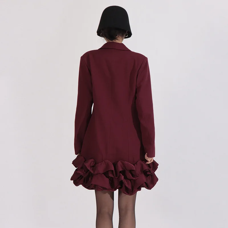 Women's Solid Color Blazer Dresses 2025 Autumn Double Breasted Chic Design Outerwear Long Sleeve Ruffle Hem Lapel Jackets