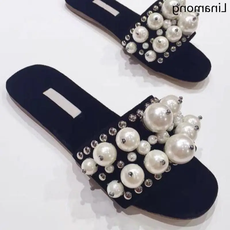 New Arrival Velvet Flat Slippers Women Open Toe Big White Pearl Bead Sexy Shoes Female Flat Casual Slides Vintage Style