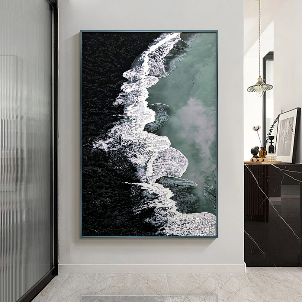 ih-Large Size Black and White Waves 3DUV Texture Art Painting Canvas Wall Painter Living Room Wall Art-
