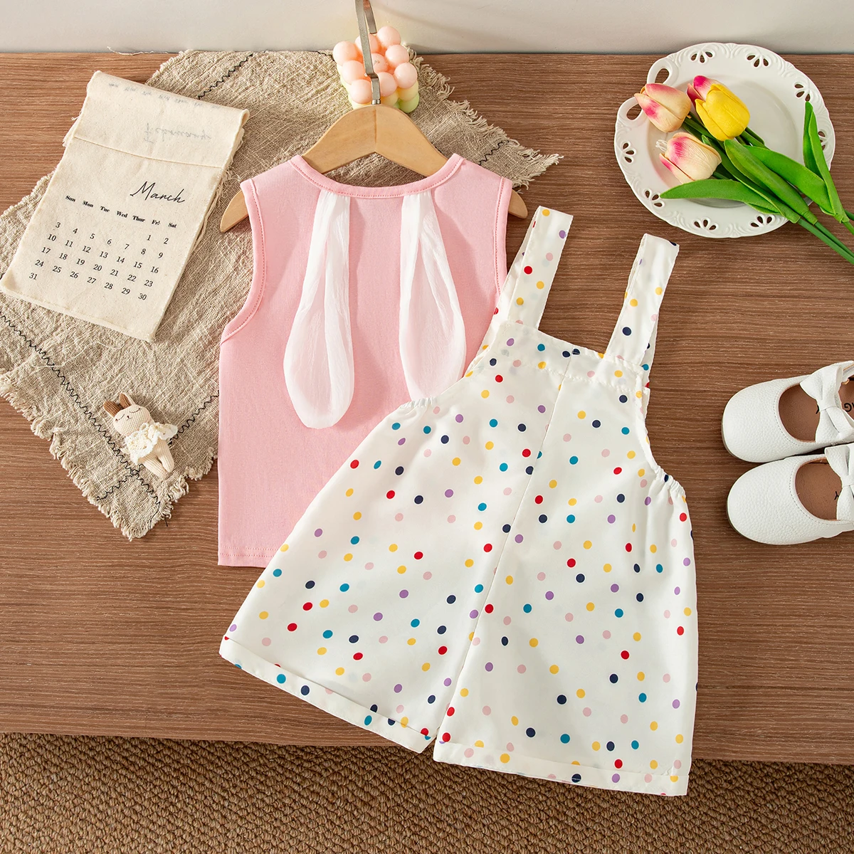 Baby Girl Set Summer Vest And Shoulder Shorts Sweet Rabbit Ear Colored Polka Dot Casual  Children's Clothing 9 Month-4 Years