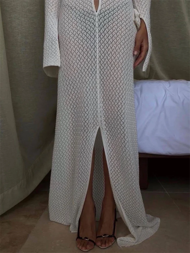 Tossy Female Knitwear Hollow Out Long Dress Beach Cover up See-Through Loose Long Sleeve V-Neck Dress Women's Knit Maxi Dress