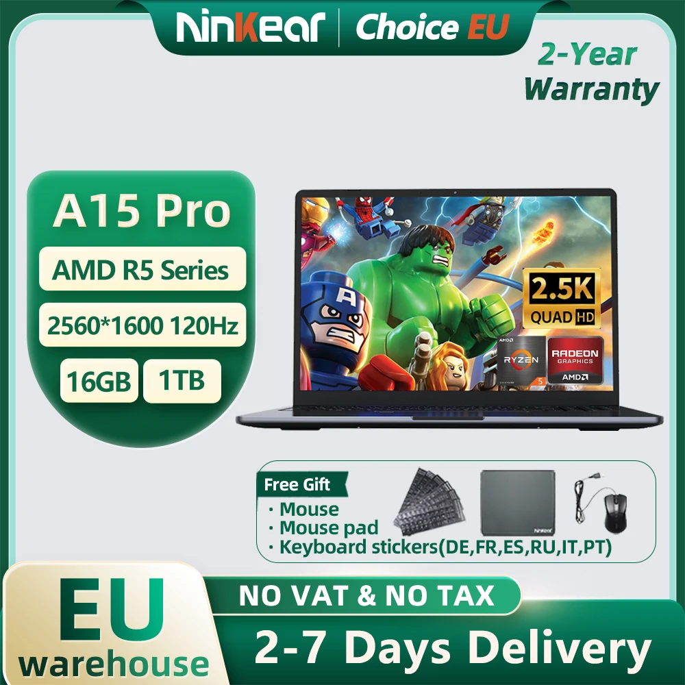 Ordinateur portable Ninkear A15 Pro AMD Ryzen 5, écran 16 pouces 120 Hz 2,5K, 16 Go, 1 To, déverrouillage par empreinte digitale, ordinateur de bureau