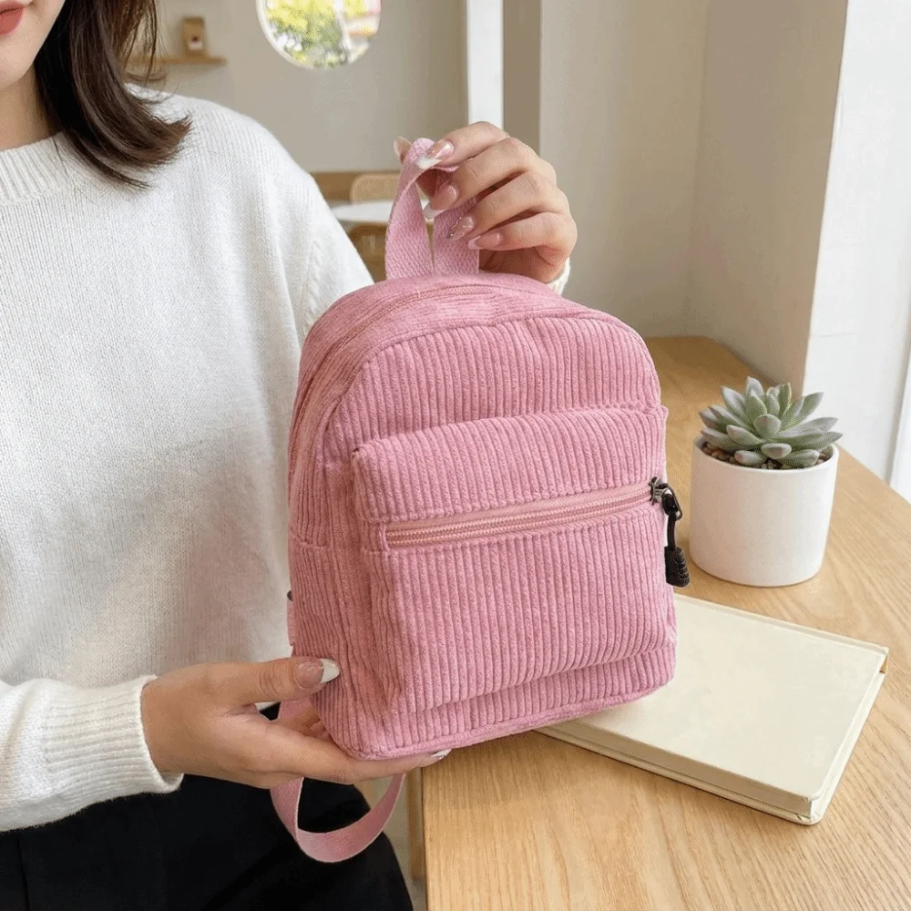 Versatile Solid Color Corduroy Mini Backpack Lightweight Zipper Double Shoulder Bag Multi Pocket Vintage Daypack Daily Travel