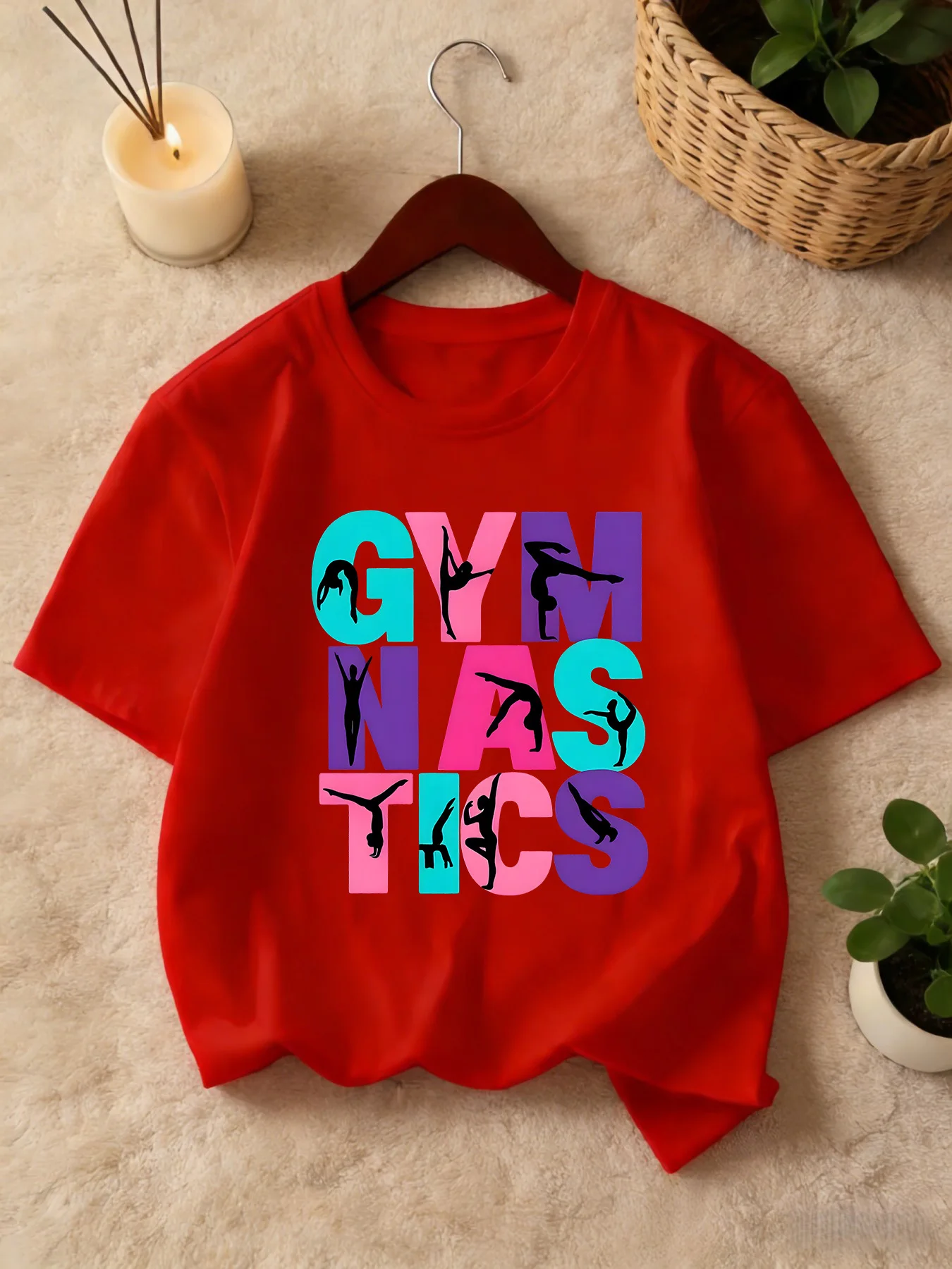 Gymnastics Letter Silhouette Print T Shirt Boys Girls Matching Tee Soft Cotton Short Sleeve Children Sports Daily Casual Wear