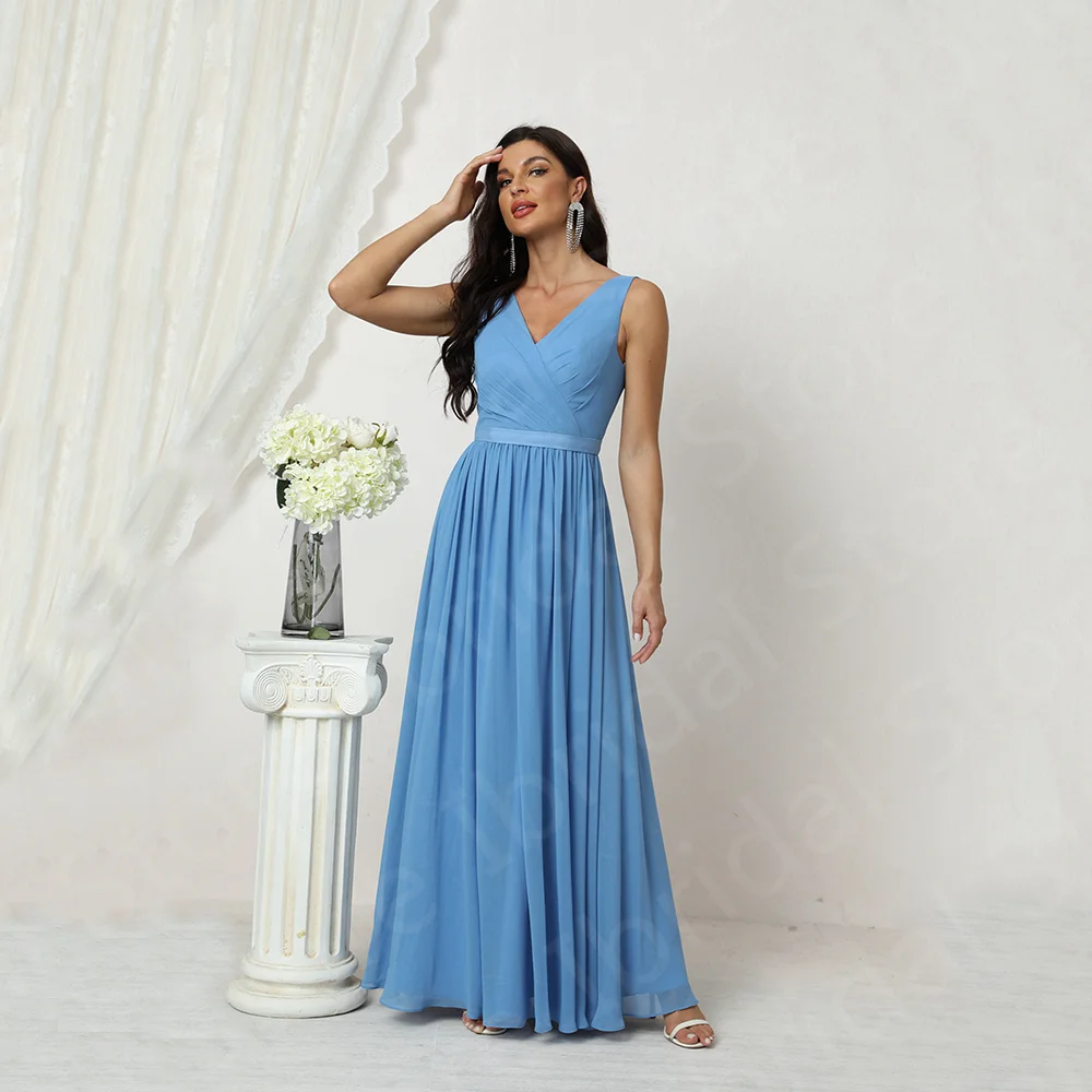 Real Sample Blue Chiffon Mother of the Bride Dresses Sleeveless  Dress Back Out Wedding Guest Gowns V Neckline On Sale