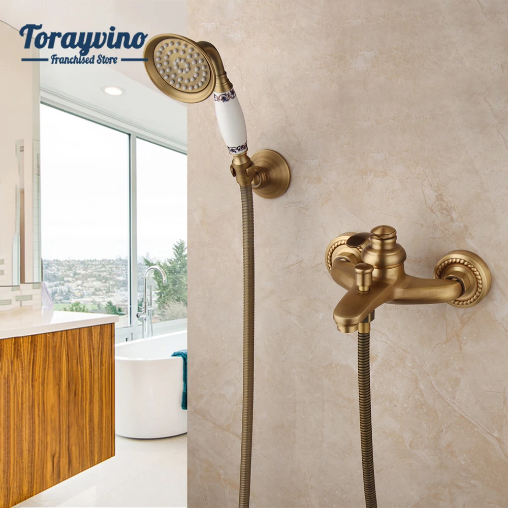 Torayvino Bathroom Shower Set Antique Brass Round Wall Mounted Single Handle Two Types Rainfall Hand Shower Shower System Set