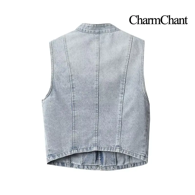 CHARMCHANT Women's Stand Collar Double‑Breasted Metal Button Washed Denim Waistcoat Vest For Streetwear Daily Casual Fall 2026