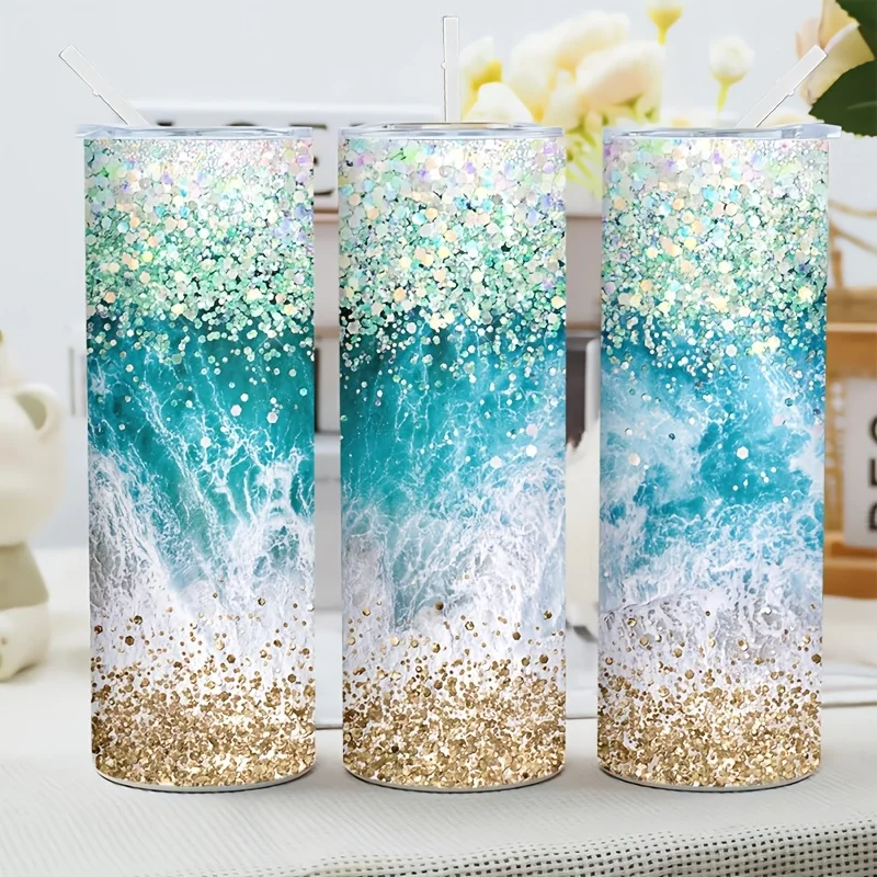 1pc Ocean Waves Glitter Insulated Tumbler with Straw and Lid, 20oz Stainless Steel Double-Wall Vacuum Cup for Hot and Cold Drinks, Hand Wash Only, Round Shaped, Ideal for Home, Travel, and Outdoor Use - Gift for Family, Lover, Couples, Colleagues, Friends