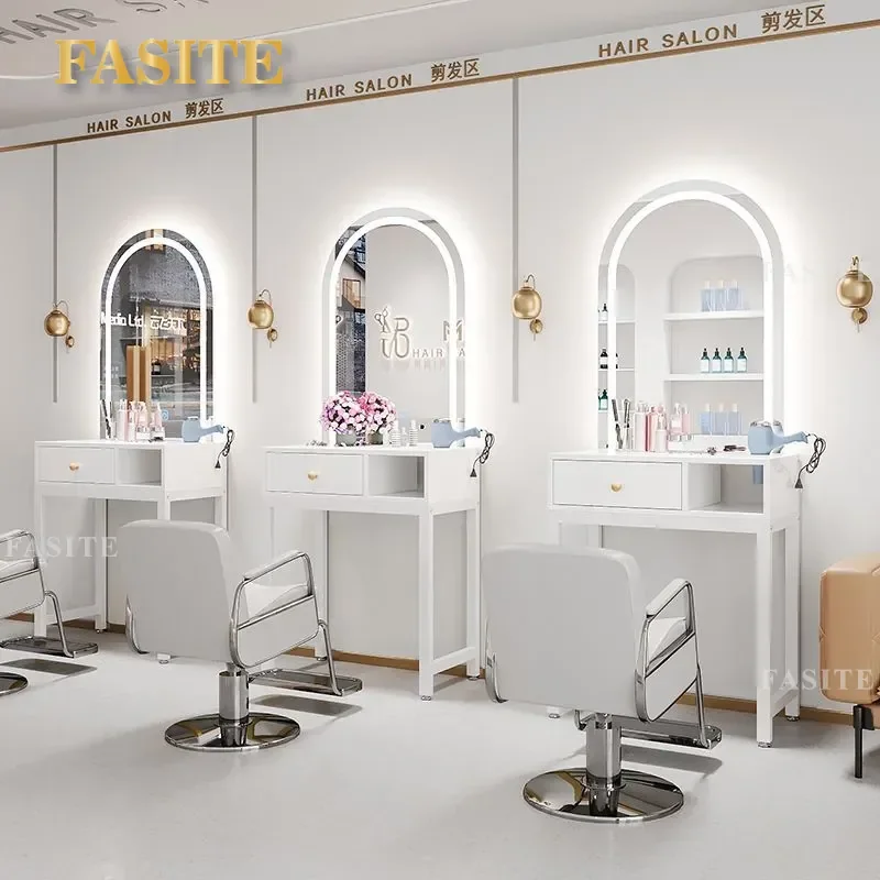 For Barber Shop LED Mirror Table Integrated Tool Cabinet Beauty Wall Mounted Vanity with Light No Drilling Storage