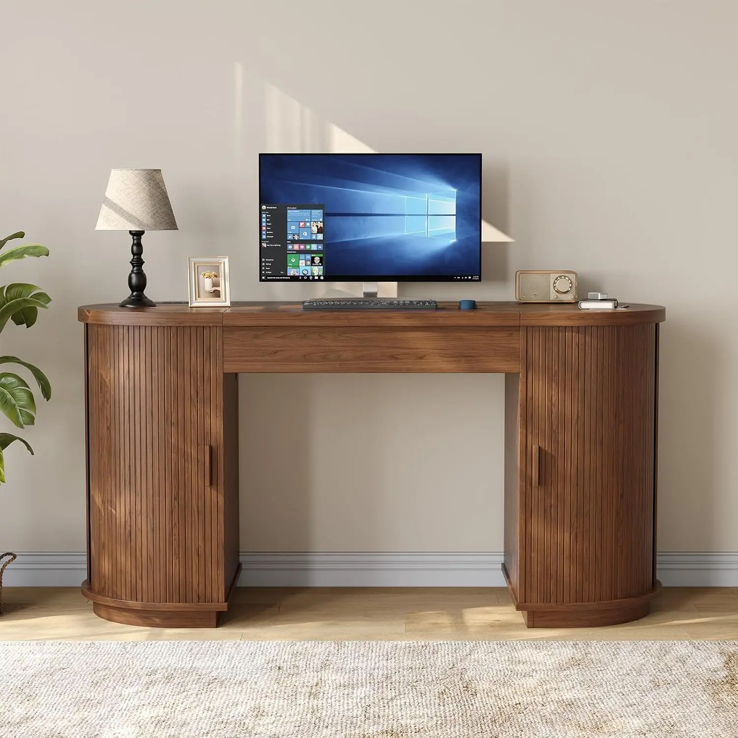 59 Inch Lift Top Office Desk with USB Charging Ports & Storage, Mid-Century Modern Fluted Curved Computer Study Desk with Adjustable Height for Home Office
