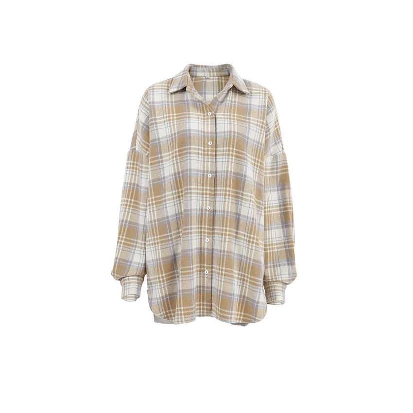 Autumn Euro-America Style Vintage T-shirts Fashion Plaid Oversize Long Sleeve Turn-down Collar Classics Coat