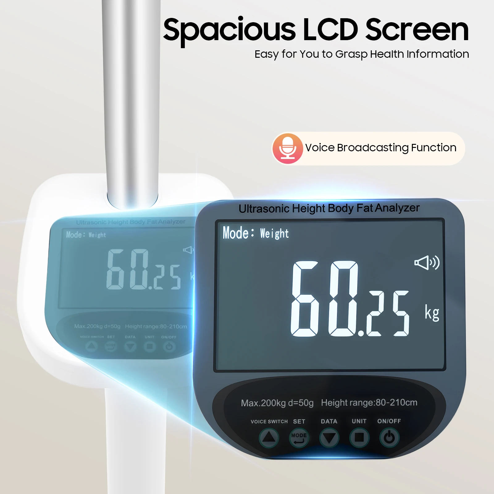 محلل الجسم الذكي بالموجات فوق الصوتية - مقياس رقمي مع قياس الارتفاع والدهون في الجسم لكتلة BMI/العضلات/كتلة العظام، قابس أمريكي 100-240 فولت