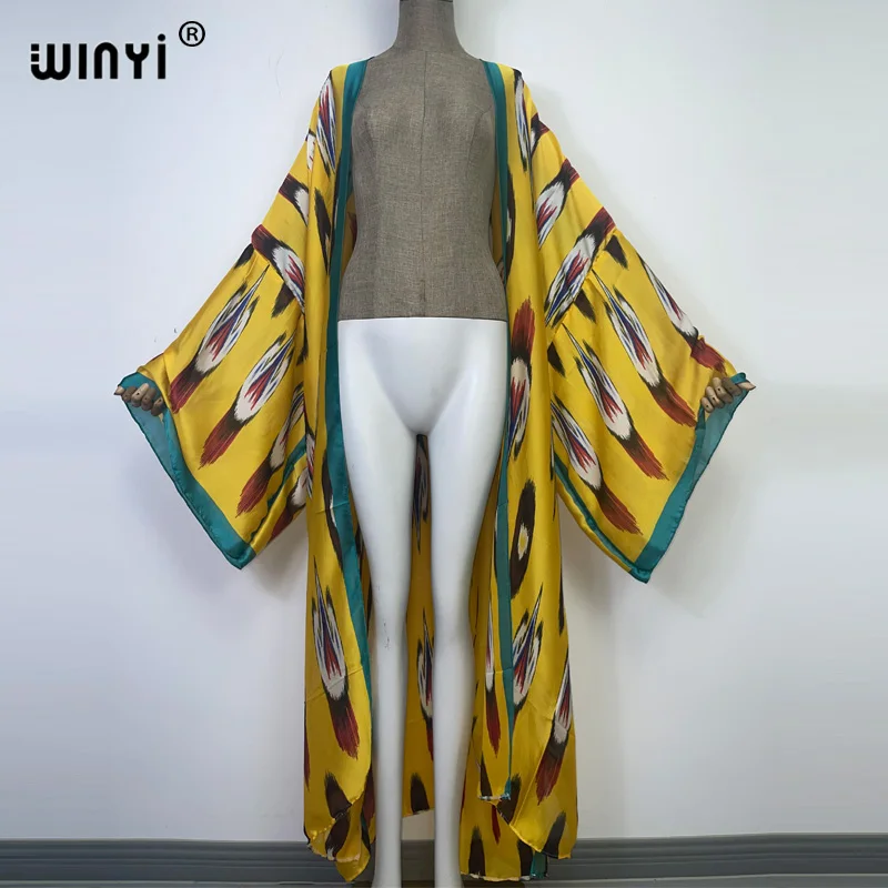 2022 WINYI new silk feeling sexy Unique printing Beach Wear Swim Suit Cover coat Elegant Women Boho Long Sleeve Kimono dress