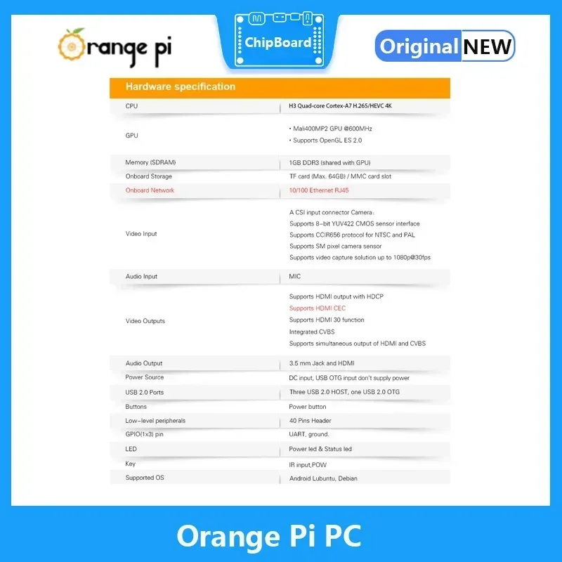 오렌지 파이 PC H3 쿼드 코어 지지대, 안드로이드, 우분투, 데비안 이미지, 1GB