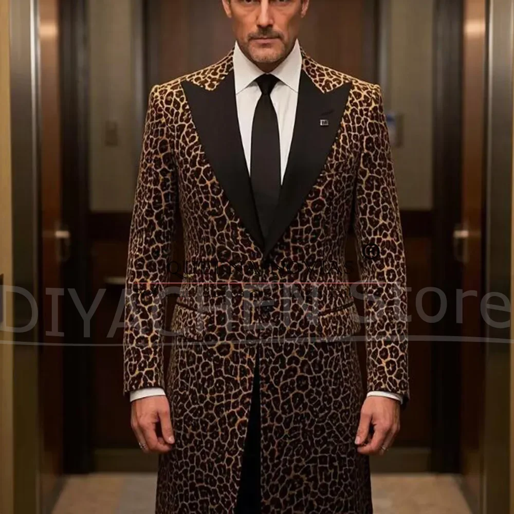 Men's Velvet Leopard Suit Set 3 Piece Stylish Peak Lapel Single Breasted Outfit Formal Party Stage Performance Long Tuxedo