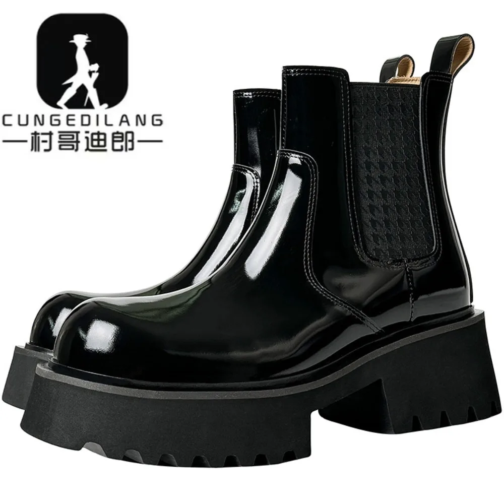 Winter Men Chelsea Boots Invisible Heel Men High Heels Boots Men Patent Leather Thick-soled Boots Height Increasing Shoes