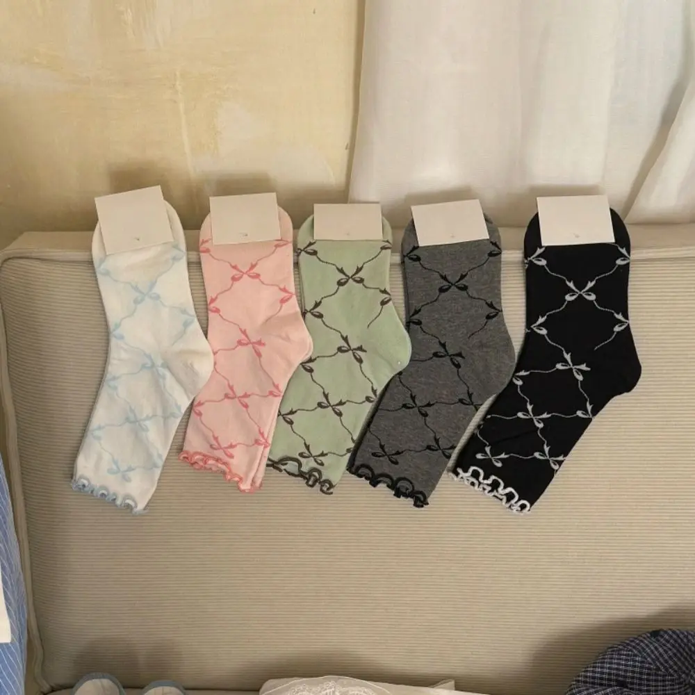 

5Pairs Cute Thin Cotton Ruffle Bow Socks Breathable Ins Style Mid Tube Socks Lolita Female Hosiery Sweet Socks Women Lady