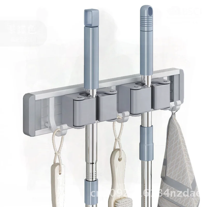

Aluminum Alloy Punch-Free Mop Rack Gray Broom Hook Gun Clip Strong Space-Saving Bathroom Organizer Modern Minimalist Design
