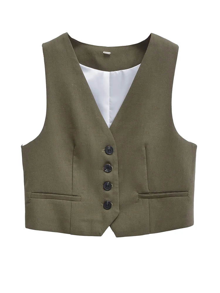 KAOPU ZA Women tailored cropped vest top vintage v-neck sleeveless button-up female waistcoat chic tops