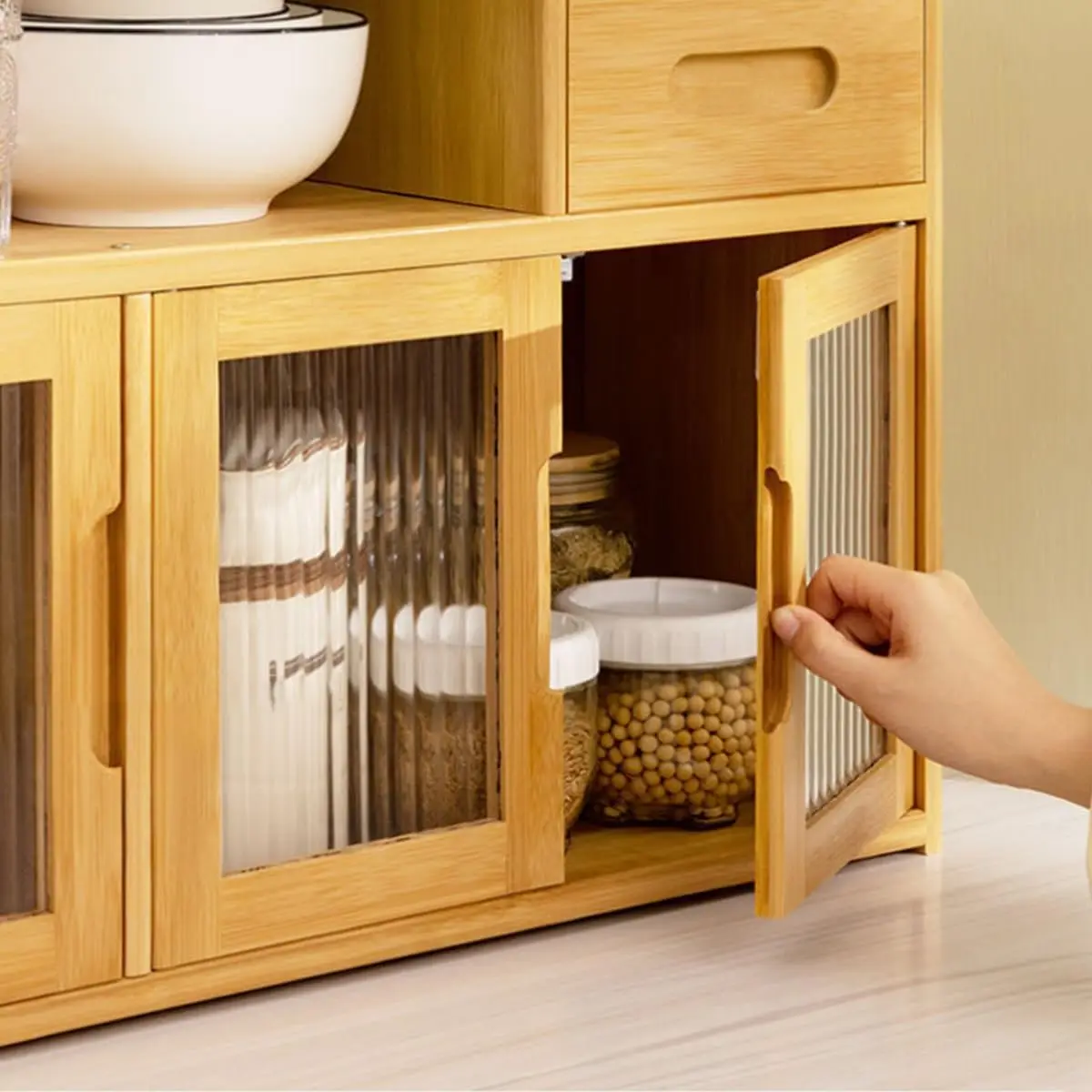 Gdrasuya10 Bamboo Countertop Shelf Storage Cabinet Kitchen Pantry, Medium Kitchen Pantry Sideboard with 2 Drawers Freestanding K