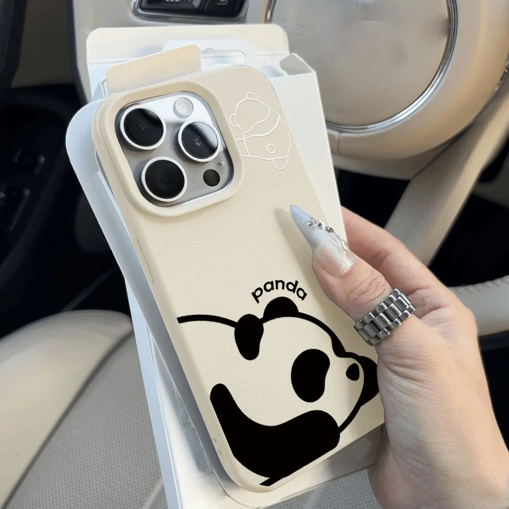 

Cute Panda Leather Phone Case For iPhone 16 Pro Case iPhone 13 11 12 14 15 Pro Max 16 Plus Candy Color Shockproof Soft Cover