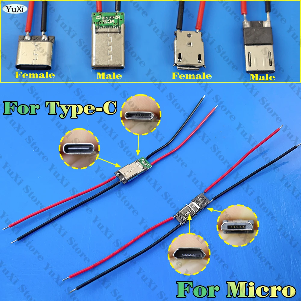 10pcs 2Pin Micro Type-C Welding Wire Connector USB Straight Male Female Jack For Mobile Phone Charging Port Charge Socket 2P