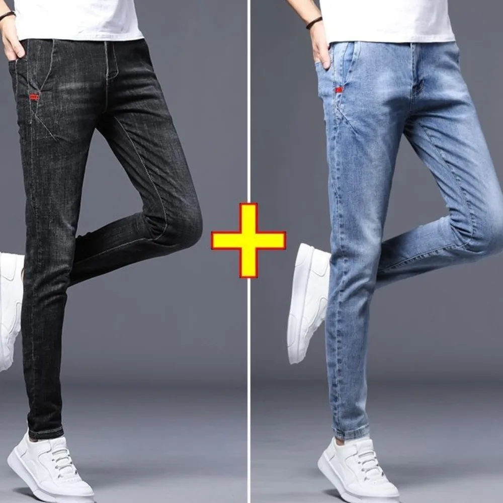 Trendy Korean Style Punk Washed Slim Spring Autumn Denim Jeans with Stretch for Men 2024 New Casual Designer Blue Men\'s Jeans