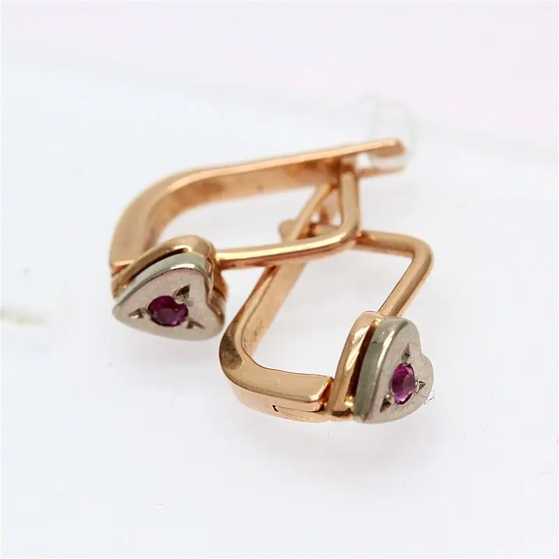 585 Purple Gold Earrings Pink Zircon Heart-shaped Earrings for Women Plated 14K Rose Gold Small Earings Simple Jewelry