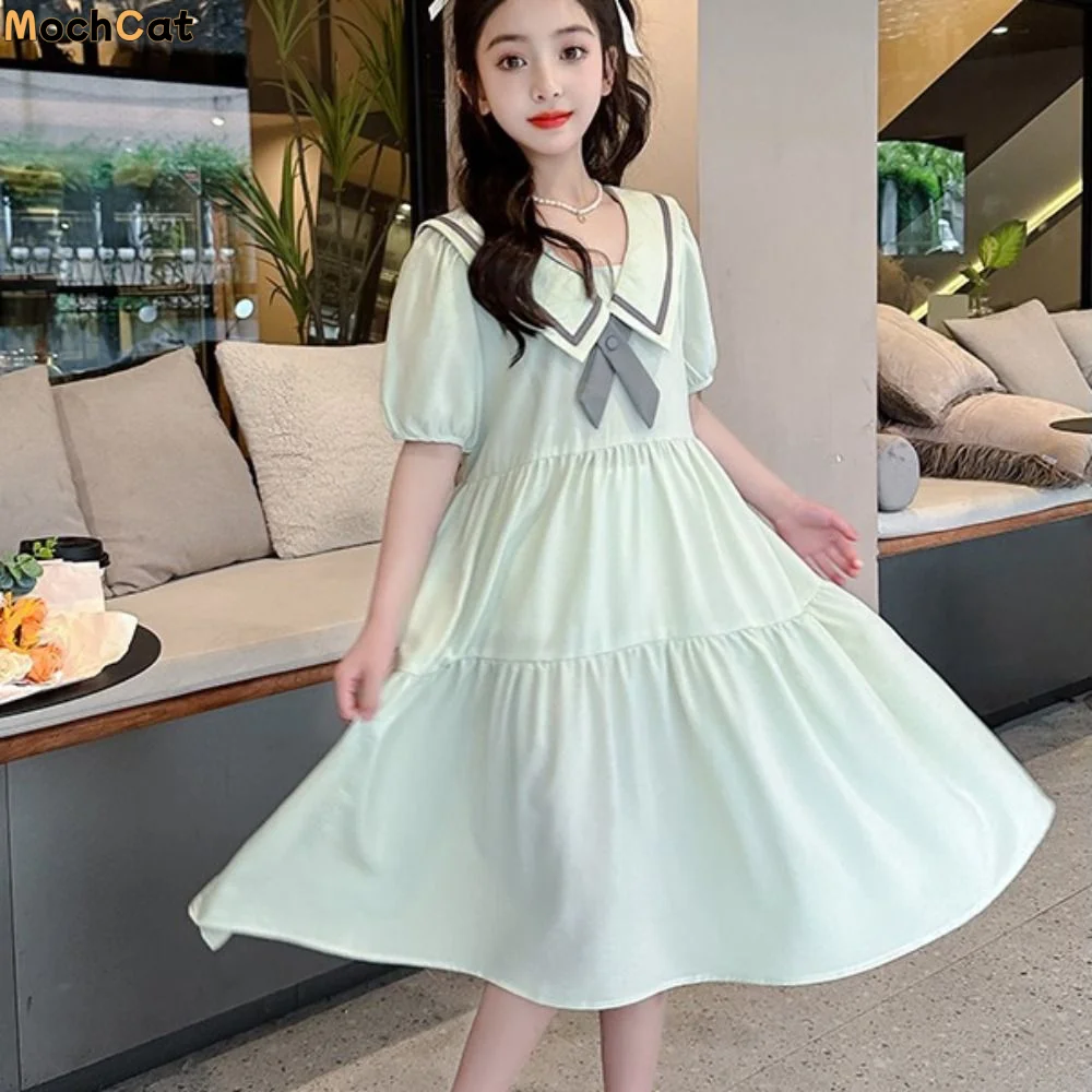 

Casual Bowknot Girl Princess Dress Loose Puff Short Sleeve Teenagers Dresses Preppy Style Sweet Children Bubble Dress Summer