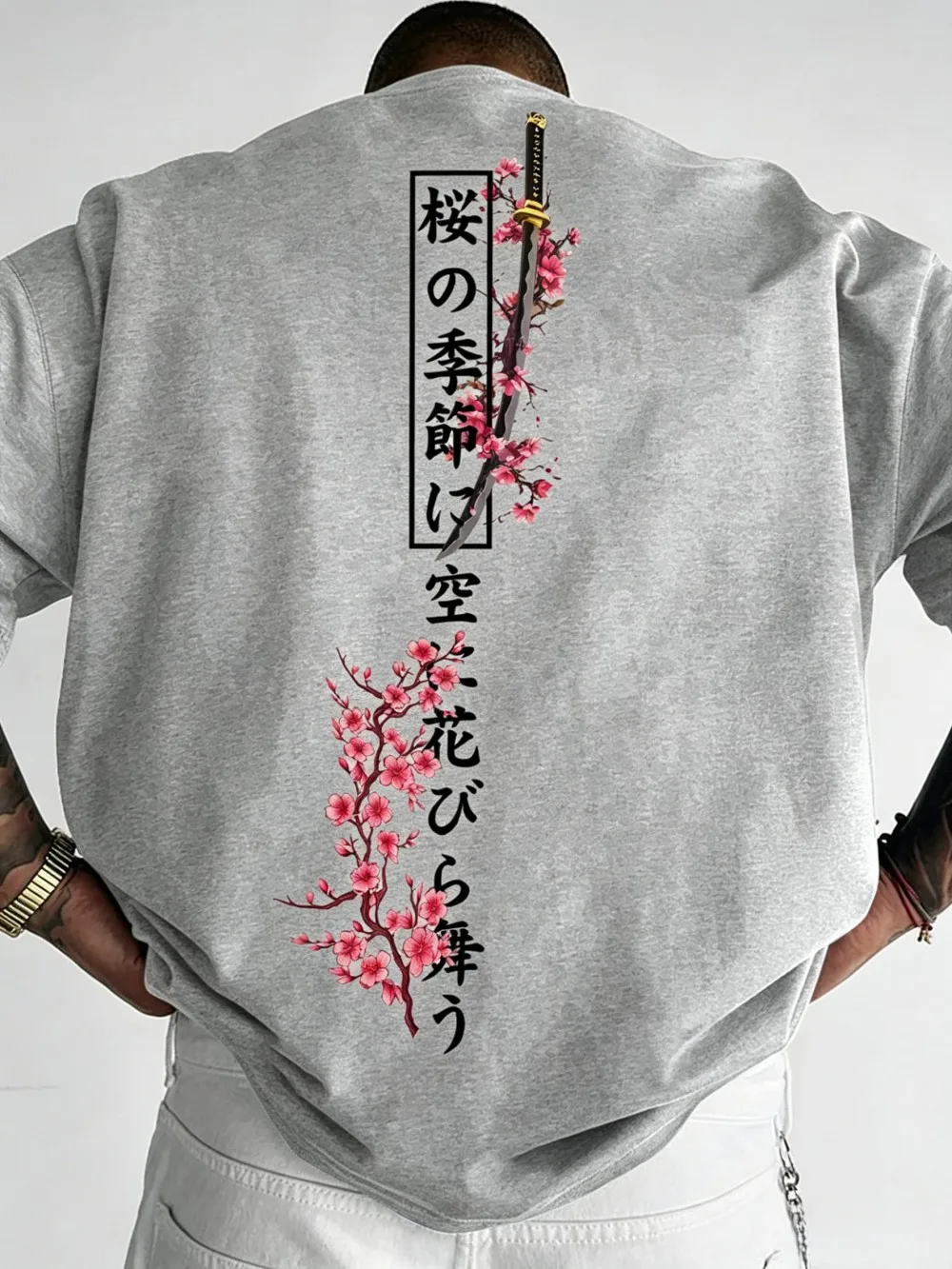 New men's summer cherry blossom letter samurai sword print comfortable and breathable round neck T-shirt outdoor street top