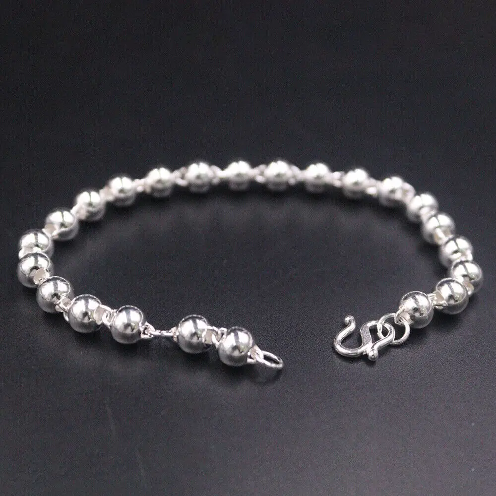 

Real 990 Fine Silver Bracelet 6mm Glassy Bead Link Chain 7.48inch Stamp on Clasp